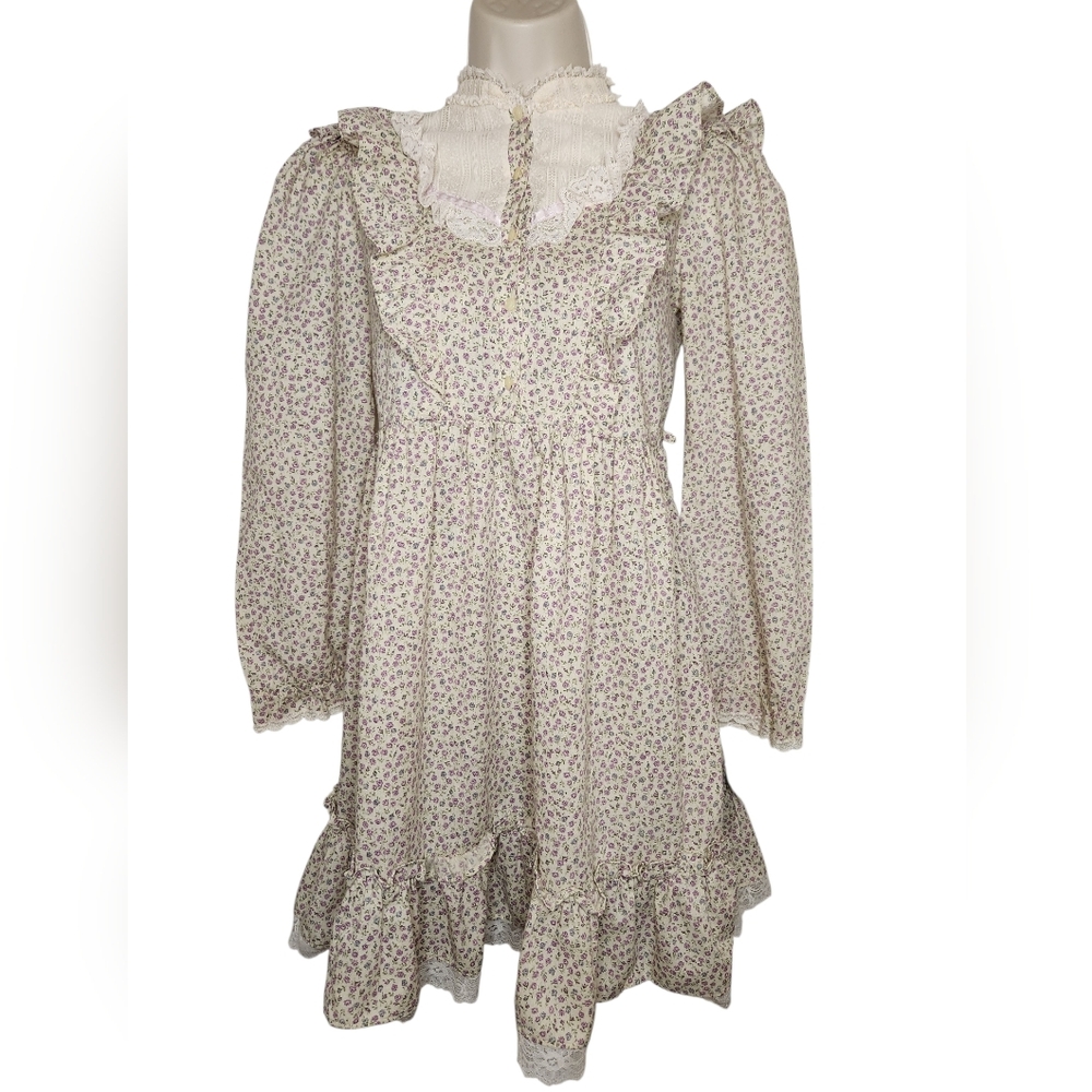 1970s Bryan Floral Prairie Mini Dress | Lace Bib Victorian Revival | Cottagecore